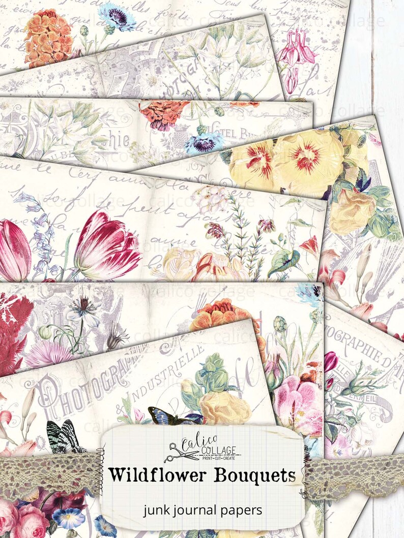 May include: A set of six digital papers featuring vintage floral illustrations with a shabby chic aesthetic. The papers are perfect for scrapbooking, card making, and other paper crafts. The papers feature a variety of flowers, including roses, tulips, and daisies, in shades of pink, yellow, and blue. The papers also feature vintage text and images, adding to their charm.