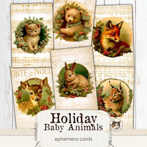 Weihnachten Ephemera für Junk Journals, Tier Ephemera Karten, Tier Urlaub Ephemera, Tier Ephemera für Scrapbooking, Reh, Hase, Kitten