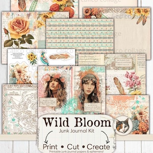 Boho Junk Journal imprimible, Boho Junk Journal Kit, Ephemera Digital Download Collage Sheet, Gypsy Digital Papers, Hippie Boho Chic