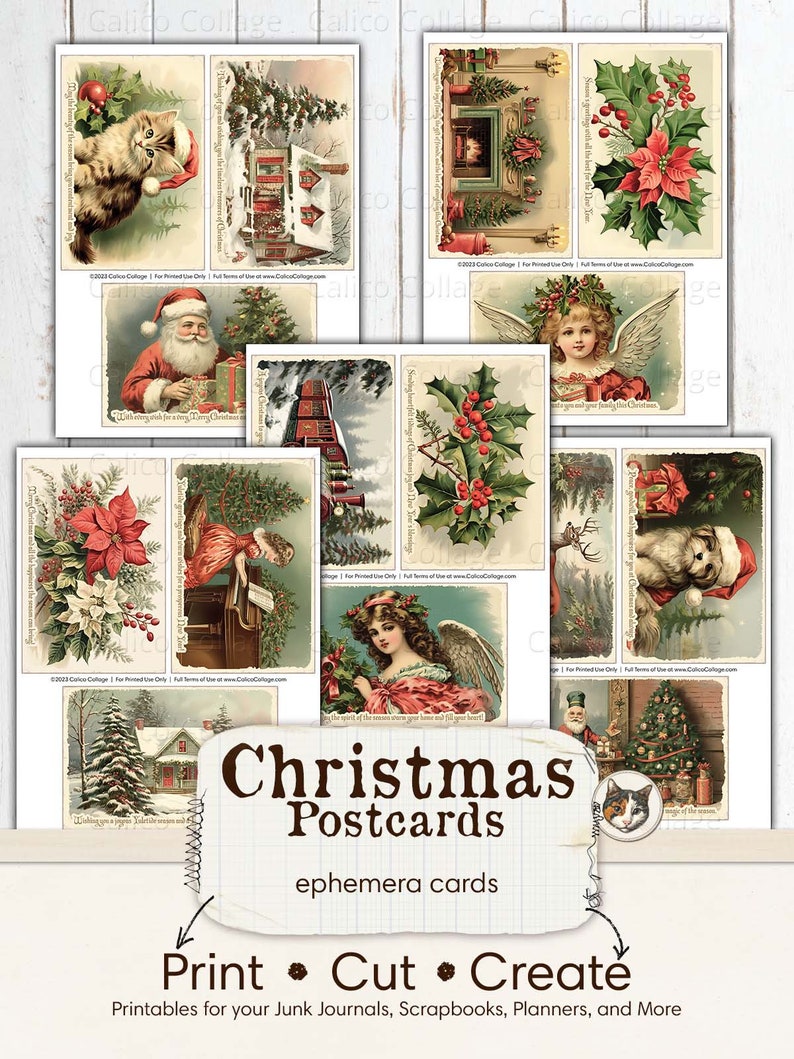 Puede incluir: Un conjunto de 12 postales de Navidad imprimibles con ilustraciones vintage de escenas invernales, personajes navide&ntilde;os y vegetaci&oacute;n festiva. Las postales son perfectas para a&ntilde;adir un toque de encanto vintage a tus manualidades navide&ntilde;as.