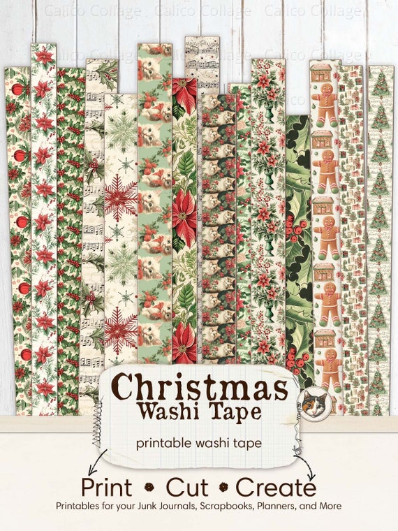 Christmas Washi Tape, Printable Holiday Ephemera Washi Tape Strips, Junk Journal Printable Ephemera Digital Download Collage Sheet