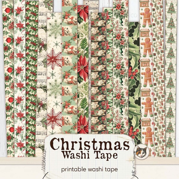 Christmas Washi Tape, Printable Holiday Ephemera Washi Tape Strips, Junk Journal Printable Ephemera Digital Download Collage Sheet