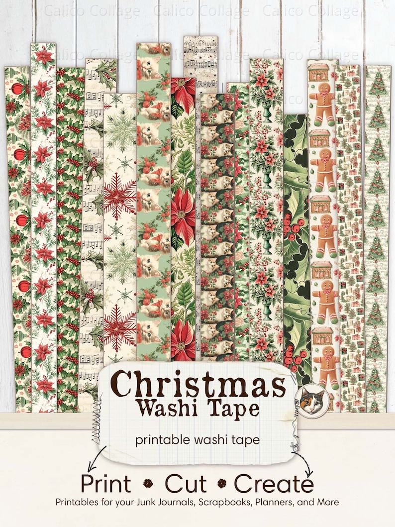 Christmas Washi Tape, Printable Holiday Ephemera Washi Tape Strips, Junk Journal Printable Ephemera Digital Download Collage Sheet image 1