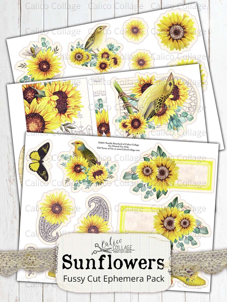 Printable Sunflower Ephemera Pack, Vintage Botanical Junk Journal Supplies, Bullet Journal, Digital Paper Prints, Scrapbook Paper image 4