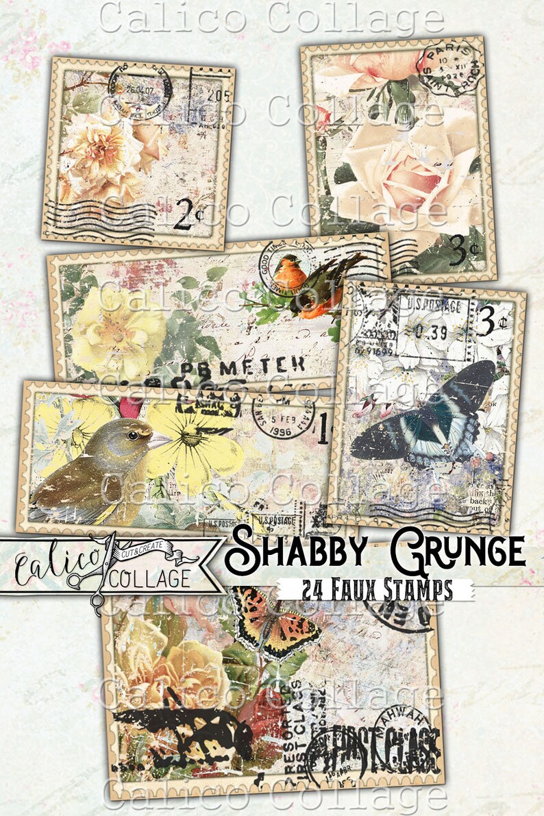 Printable Faux Stamps Ephemera Pack Shabby Grunge 20 Etsy