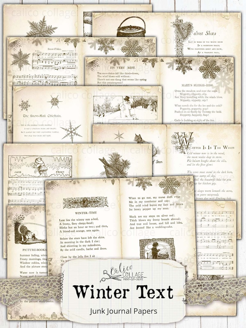 Printable Winter Book Pages, Junk Journal Papers, Journal Supplies, Digital Vintage Books, Sheet Music, Holiday Ephemera, CalicoCollage image 4