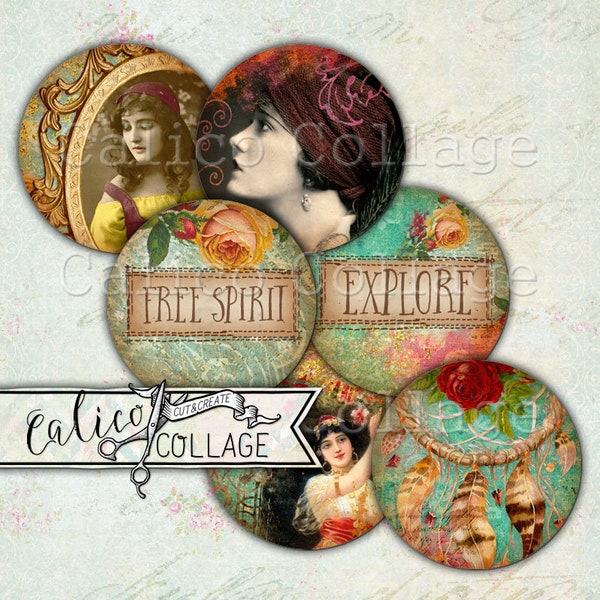 Gypsy Love, Bottlecap Images, Digital, Collage Sheet, Printable Images, 1 Inch Circles, Boho Collage Sheet, Printable Download