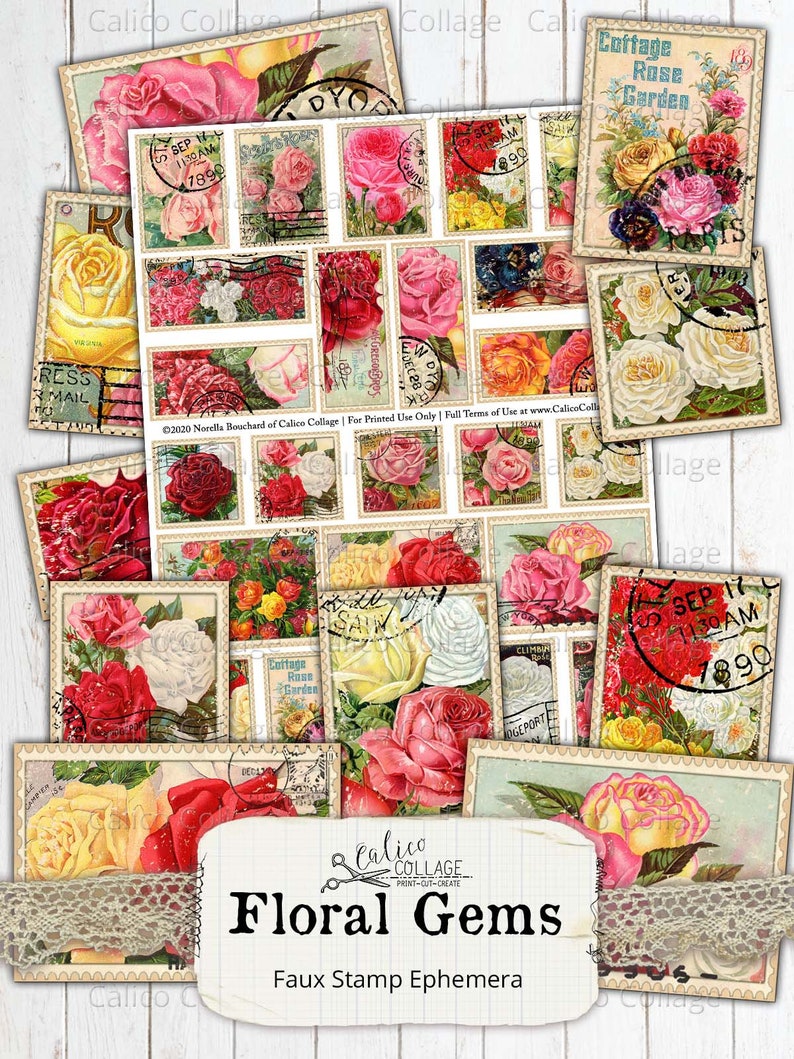 Faux timbres imprimables Rose Ephemera, Junk Journal Supplies, catalogues de graines vintage, scrapbook paper, Small Epehemera, Digital Download 55 image 2