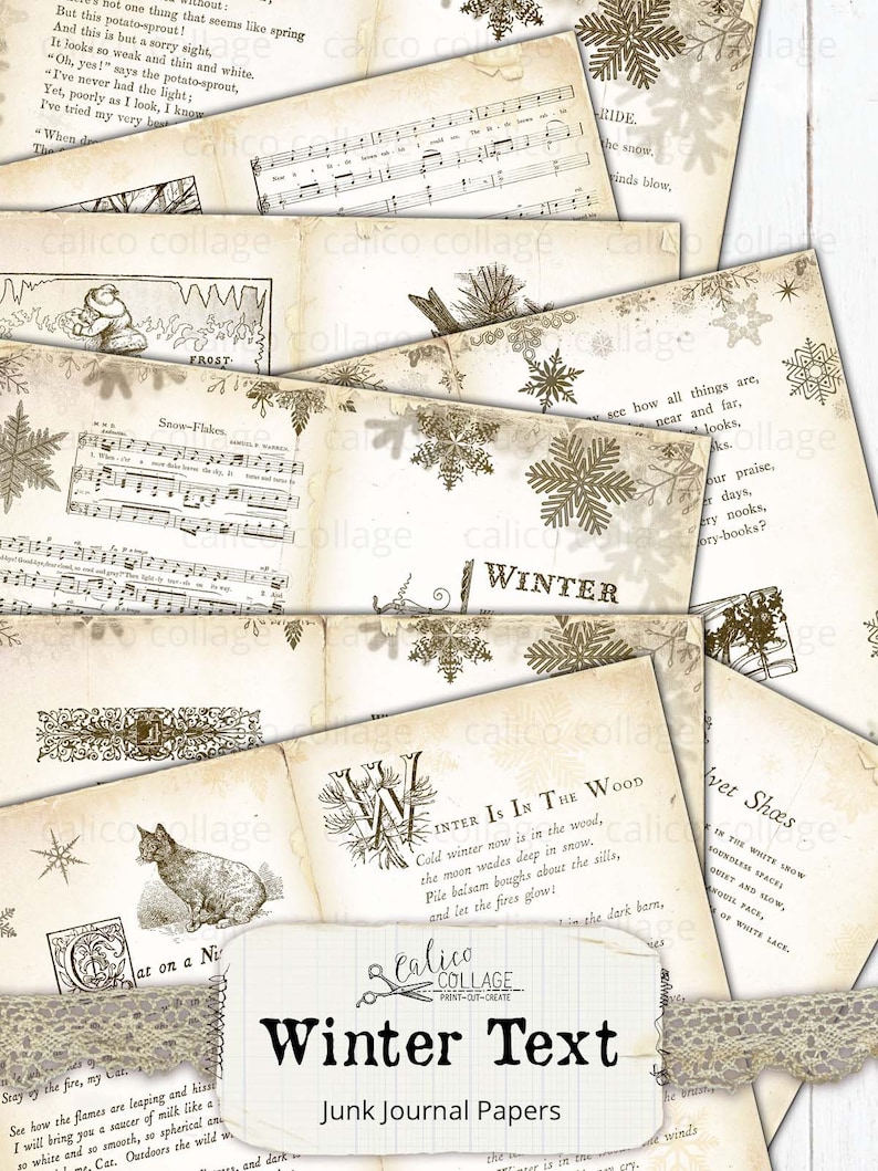 Printable Winter Book Pages, Junk Journal Papers, Journal Supplies, Digital Vintage Books, Sheet Music, Holiday Ephemera, CalicoCollage image 7