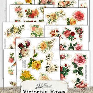May include: A set of printable Victorian rose images for crafting. The images are fussy cut and feature various shades of pink, red, yellow, and white roses.