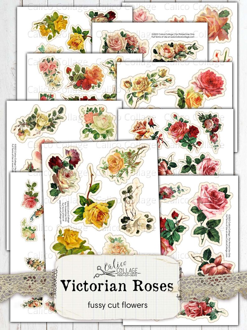 May include: A set of printable Victorian rose images for crafting. The images are fussy cut and feature various shades of pink, red, yellow, and white roses.