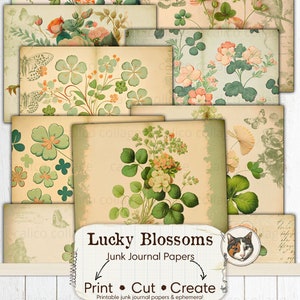 St Patricks Day Junk Journal Papers, Printable Floral Papers, Green Ephemera, Clovers and Roses Digital Papers, Scrapbook Paper