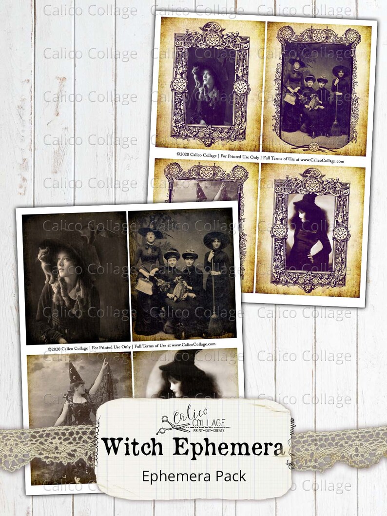 May include: A set of six printable witch ephemera images. The images feature vintage style photographs of women in witch costumes. The images are in black and white and have a distressed look. The images are perfect for scrapbooking, card making, and other crafting projects. &copy;2020 Calico Collage For Printed Use Only | Full Terms of Use at www.CalicoCollage.com