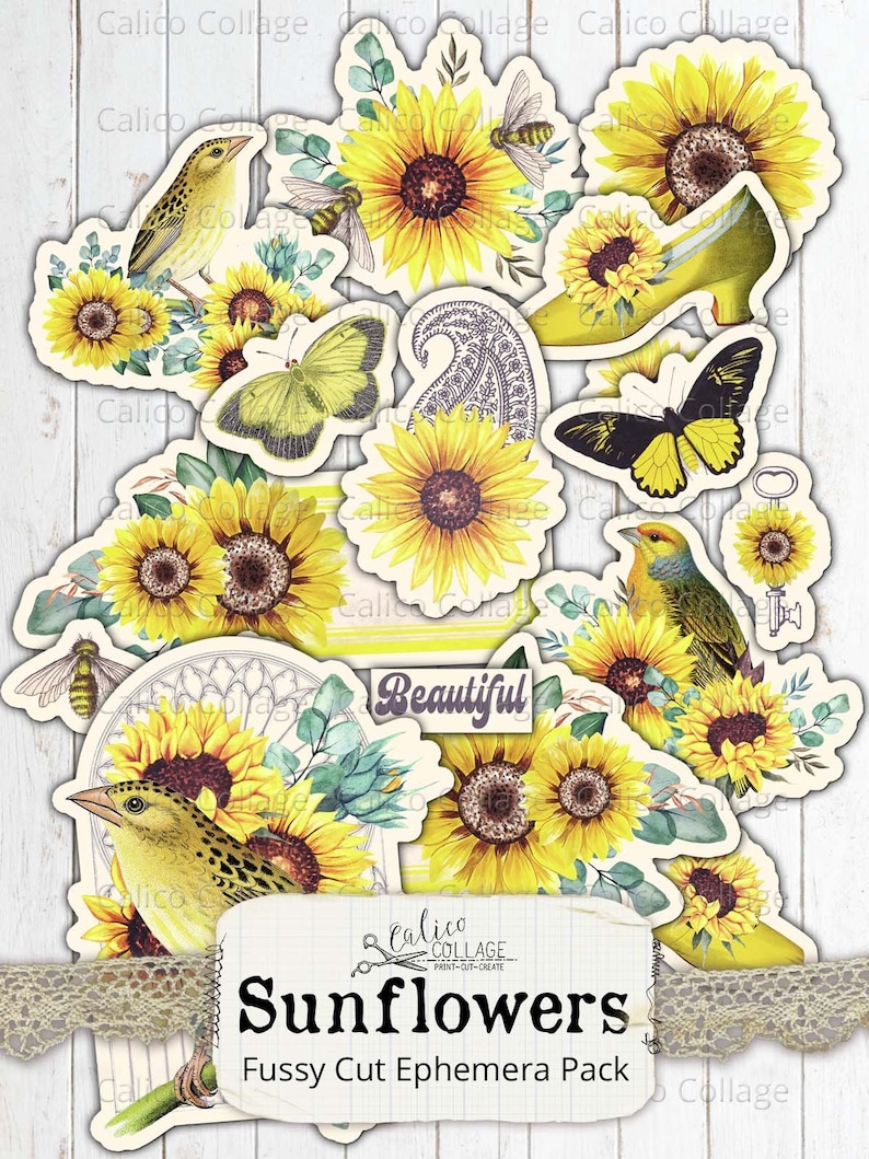 Printable Sunflower Ephemera Pack, Vintage Botanical Junk Journal Supplies, Bullet Journal, Digital Paper Prints, Scrapbook Paper image 1