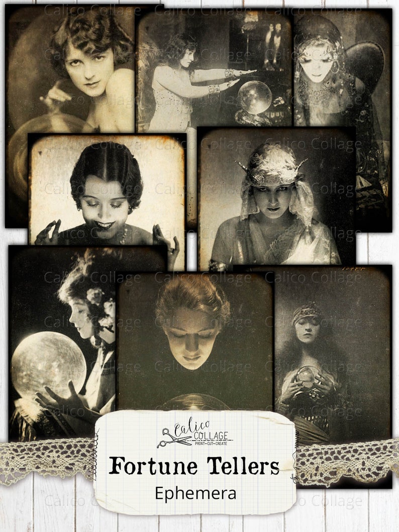 May include: A collage of vintage photographs featuring women in various poses, some with crystal balls. The images are sepia-toned and have a distressed, aged appearance. The text "Fortune Tellers Ephemera" is displayed on a paper tag.