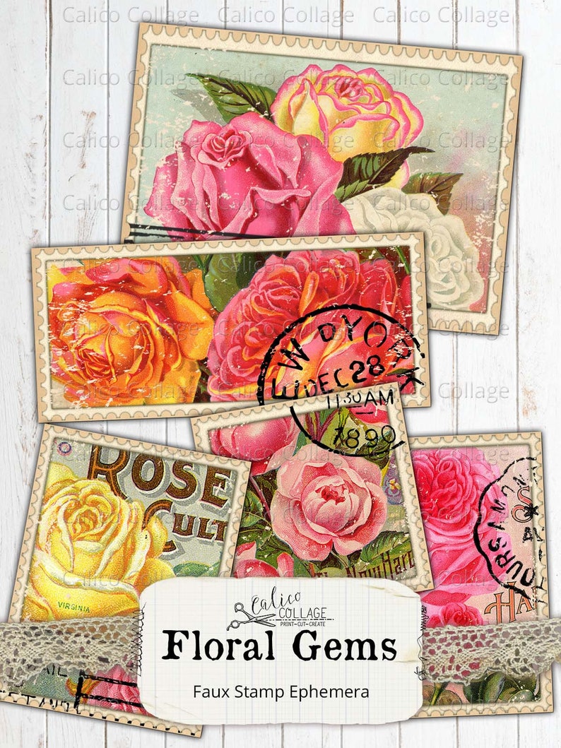 Printable Faux Stamps Rose Ephemera, Junk Journal Supplies, Vintage Seed Catalogs, Scrapbook Paper, Small Epehemera, Digital Download 55 image 4