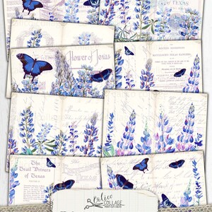 May include: A set of digital papers featuring bluebonnets, the state flower of Texas, with butterflies and vintage text. The papers are perfect for scrapbooking, card making, and other crafting projects.