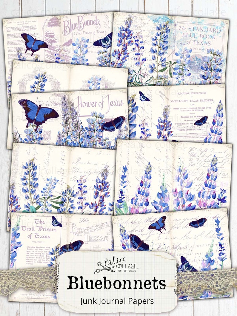 May include: A set of digital papers featuring bluebonnets, the state flower of Texas, with butterflies and vintage text. The papers are perfect for scrapbooking, card making, and other crafting projects.