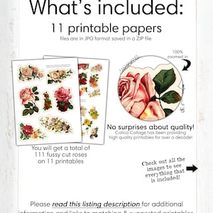 May include: A digital download of 11 printable papers featuring 111 fussy cut roses. The images are in JPG format and are 100% zoomed in. The text "What's included: 11 printable papers" is at the top of the image.