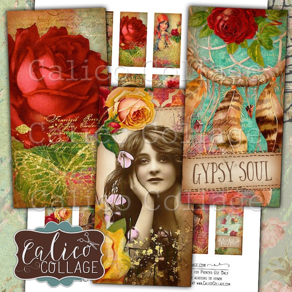 Gypsy Love, Domino Collage Sheet, Boho Collage Sheet, Digital, Collage Sheet, 1x2 Domino Collage, Boho Images, Collage Sheets