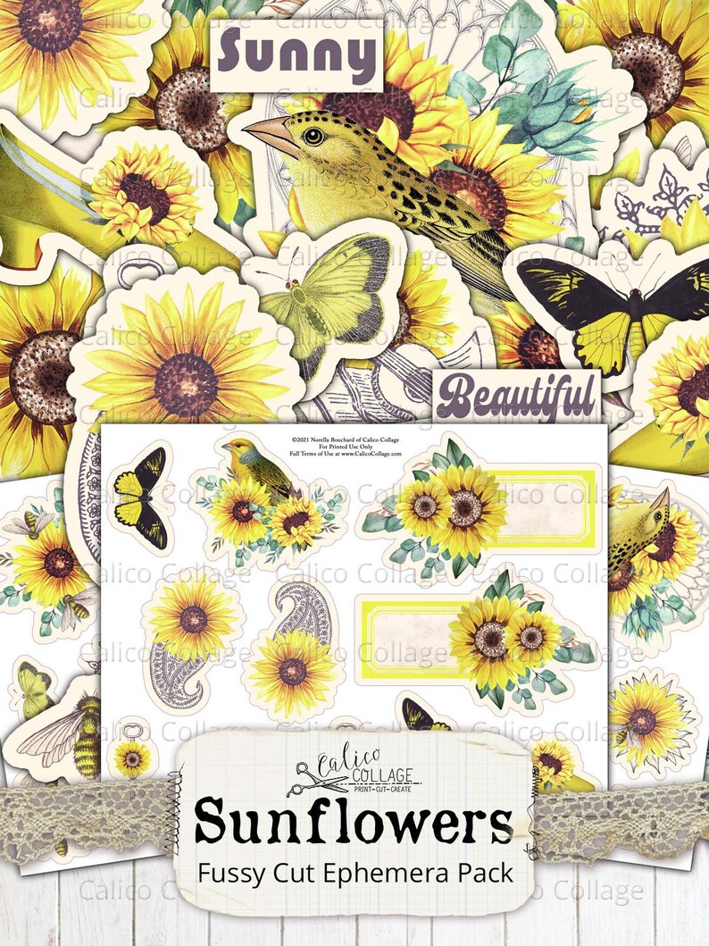 Printable Sunflower Ephemera Pack, Vintage Botanical Junk Journal Supplies, Bullet Journal, Digital Paper Prints, Scrapbook Paper image 2