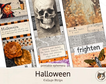 Tiras de collage de Halloween, efímeras imprimibles de diario basura de Halloween, collage de Halloween vintage, tiras de álbum de recortes espeluznantes, descarga digital