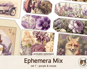 Kit de efímeras moradas para diario basura, mezcla de efímeras recortadas, descarga digital Shabby Vintage, hoja de collage imprimible, efímeras caprichosas