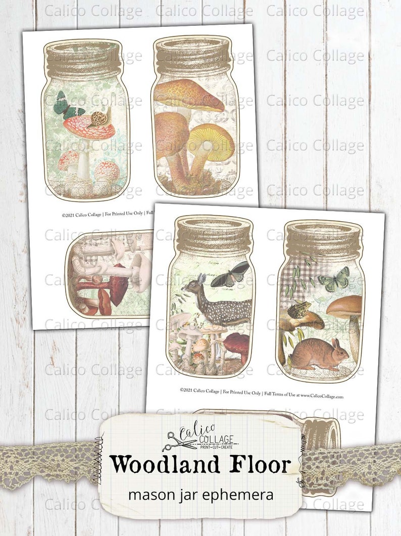 Mushroom Mason Jar Tags Junk Journal Ephemera Pack Printable Etsy
