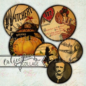 Printable Vintage Halloween Junk Journal Ephemera Pack, Printable Circles, Bottle Cap Images Collage Sheet