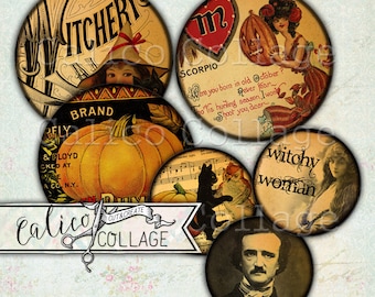 Printable Vintage Halloween Junk Journal Ephemera Pack, Printable Circles, Bottle Cap Images Collage Sheet