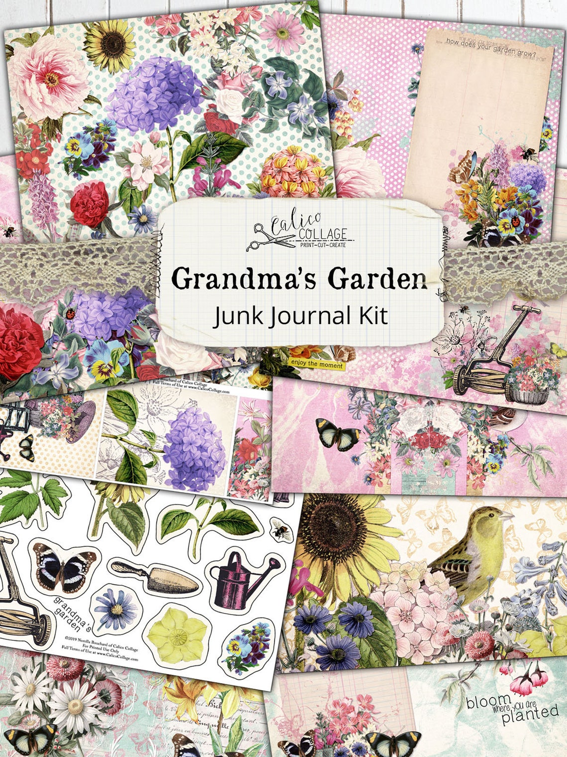 Grandmas Garden Junk Journal Kit Printable Paper Shabby Chic Digital ...
