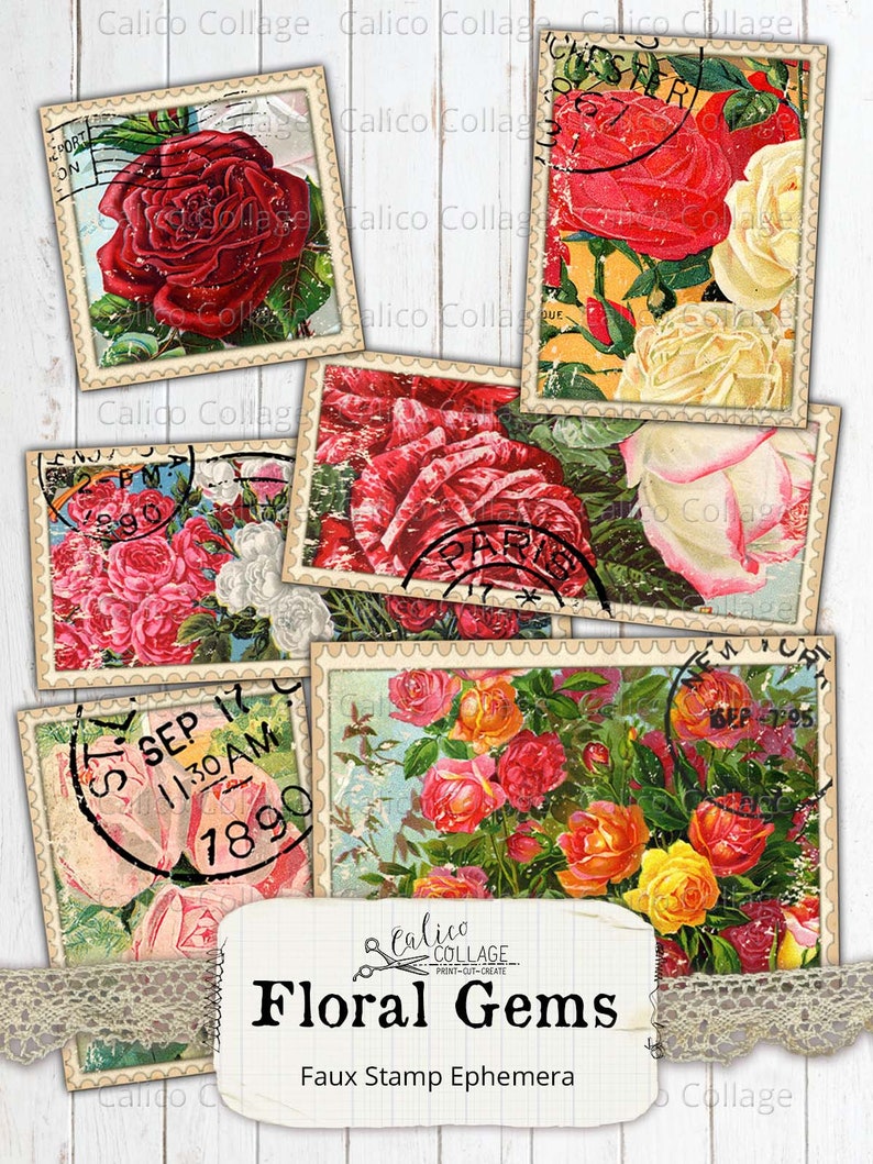 Printable Faux Stamps Rose Ephemera, Junk Journal Supplies, Vintage ...