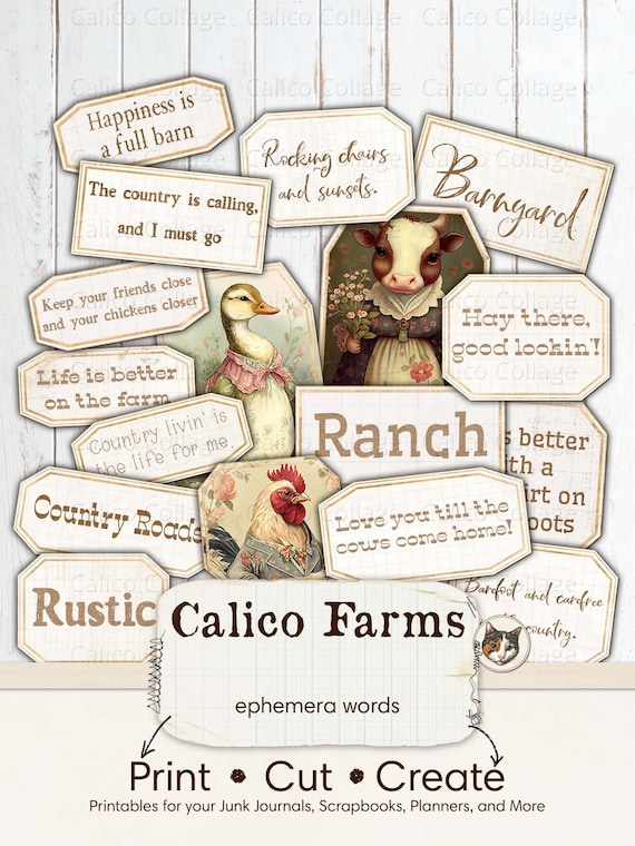 Farm Sentiments for Junk Journals, Printable Farm Ephemera Words