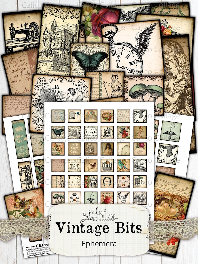 Calico Collage Vintage Bits Printable Digital Collage Sheets Junk Journal Ephemera Pack Vintage Ephemera