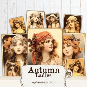 Vintage otoño imprimible Junk Journal Ephemera, Autumn Girls Retro Ephemera Cards, Junk Journal Kit, Scrapbook Ephemera Pack