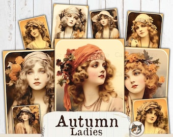 May include: A collection of vintage-style ephemera cards featuring portraits of women with autumn-themed accessories. The cards have a sepia tone and are labeled "Autumn Ladies." The text "Print Cut Create" is also visible.
