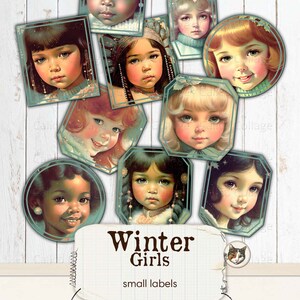 Winter Ephemera voor Junk Journals, Retro 1970s Ephemera Labels, Winter Children Ephemera voor Scrapbooking, Winter Girls voor Bullet Journals