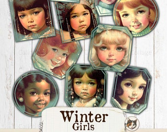 Winter Ephemera for Junk Journals, Retro 1970s Ephemera Labels, Winter Children Ephemera for Scrapbooking, Winter Girls for Bullet Journals