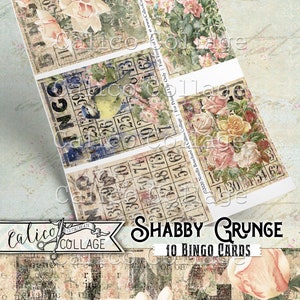 May include: Ten printable bingo cards with a shabby chic aesthetic. The cards feature a floral design with roses and a bird, and the numbers are printed in a distressed font. The cards are perfect for a vintage-themed party or game night.