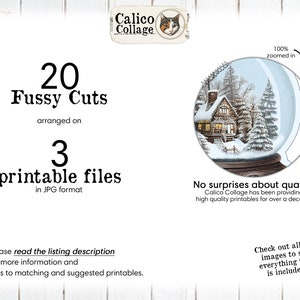 May include: A digital download of 20 fussy cuts, arranged on 3 printable files in JPG format. The image shows a winter scene with a snow globe, a house, and trees. The text "Calico Collage" is visible in the top left corner.