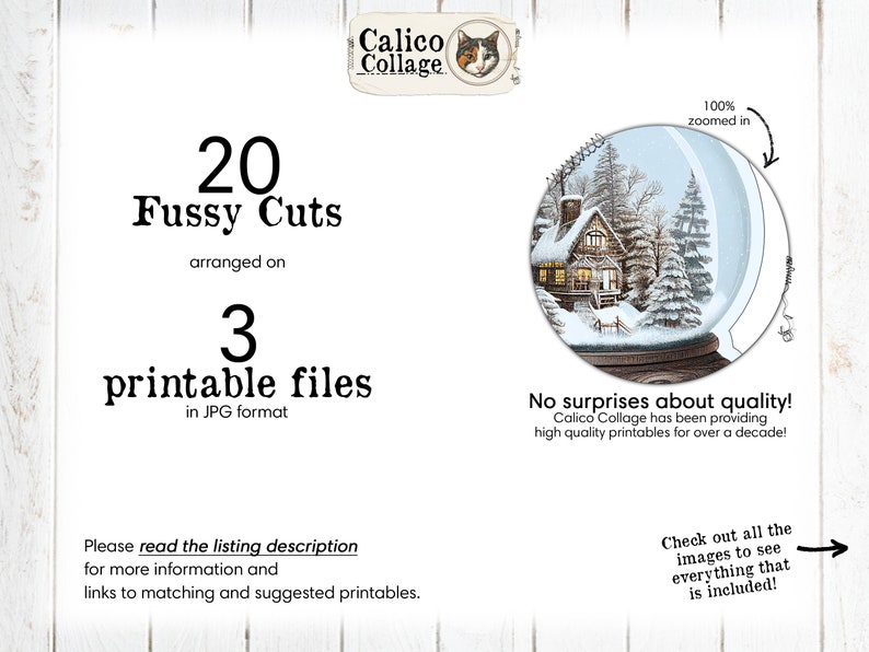 May include: A digital download of 20 fussy cuts, arranged on 3 printable files in JPG format. The image shows a winter scene with a snow globe, a house, and trees. The text "Calico Collage" is visible in the top left corner.
