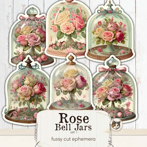 Valentine Fussy Cut Ephemera for Junk Journals, Floral Bell Jars,Valentine Ephemera Pack, Printable Ephemera, Rose Ephemera, Vintage Flowers