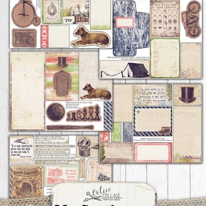 May include: A printable junk journal kit with a vintage aesthetic. The kit includes images of a house, a bicycle, a dog, a man in a top hat, a coffee can, and a variety of other images. The kit also includes text such as "My Gentleman" and "junk journal kit".
