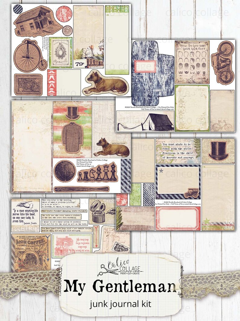 May include: A printable junk journal kit with a vintage aesthetic. The kit includes images of a house, a bicycle, a dog, a man in a top hat, a coffee can, and a variety of other images. The kit also includes text such as "My Gentleman" and "junk journal kit".