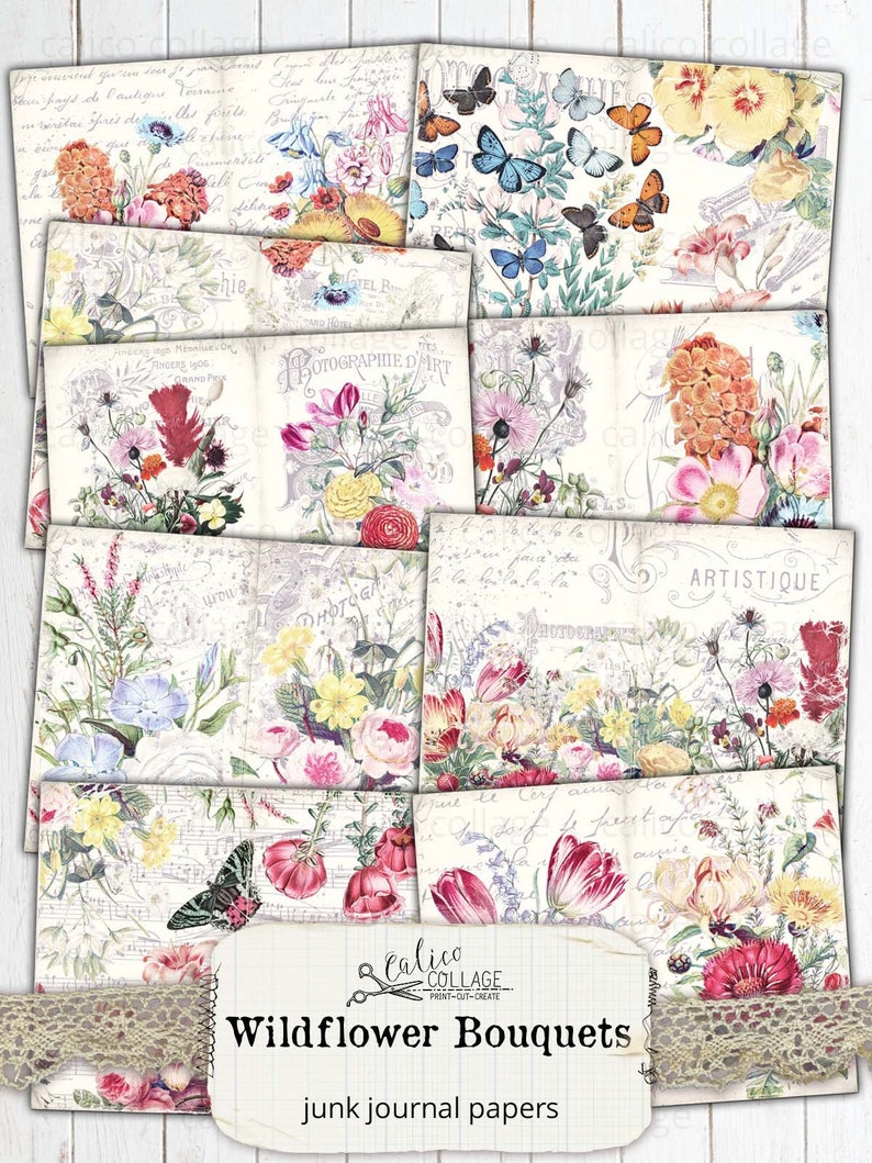 May include: A set of 10 digital printable papers featuring vintage floral illustrations with butterflies and handwritten text. The papers are designed for use in junk journals and other paper crafts.