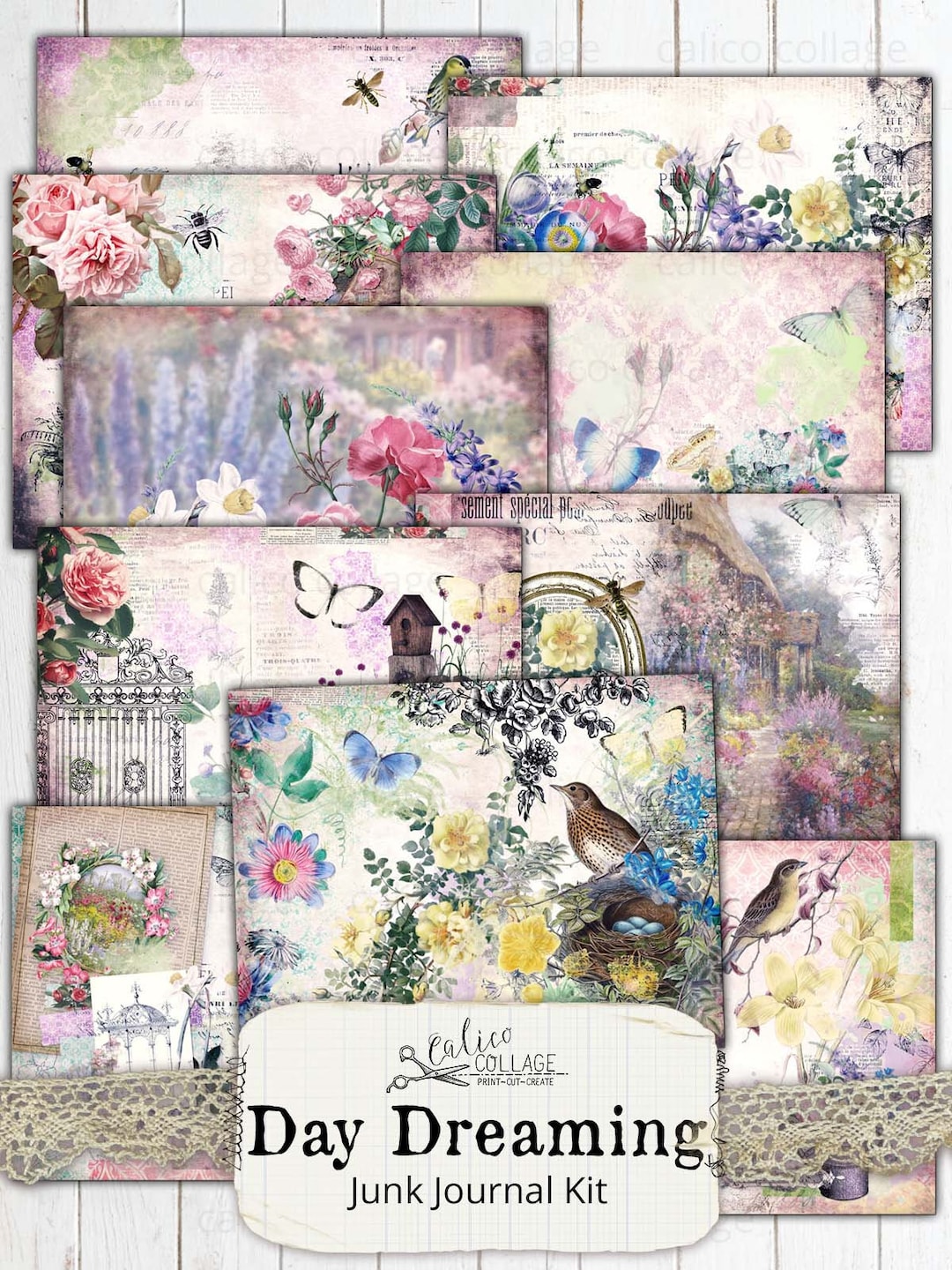 Spring Botanical Junk Journal Kit Pages, Digital Papers, Vintage Bird ...