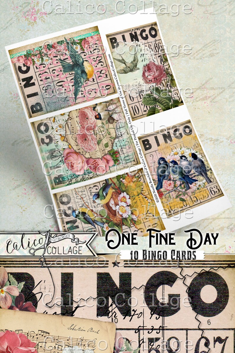 May include: Ten printable bingo cards featuring a vintage design with birds, flowers, and musical notes. The cards are titled "One Fine Day".