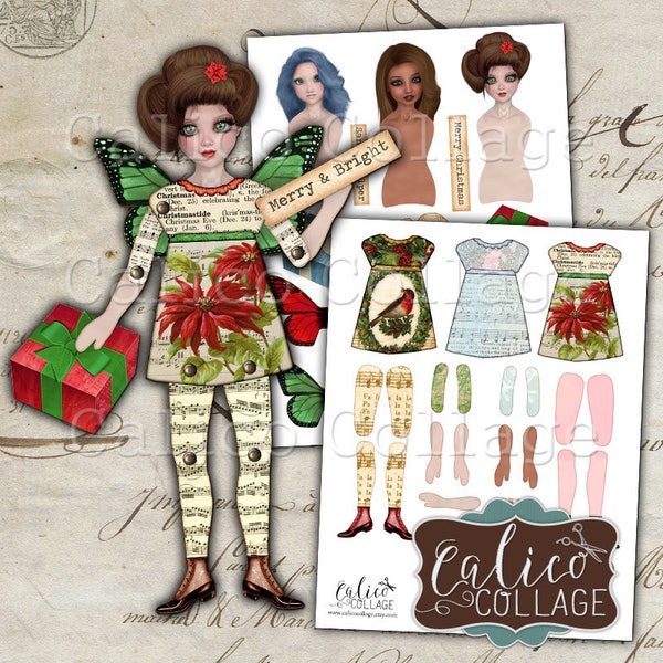 Printable Christmas Paper Dolls, Digital, Collage Sheet, Holiday, Whimsy Paper Dolls, Christmas Ephemera, Simply Winter, Altered Art Dolls