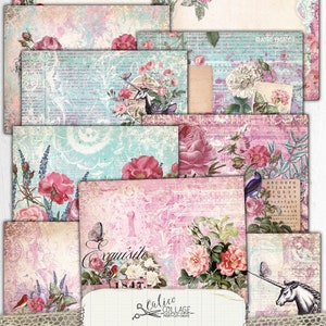 May include: A digital junk journal kit with a pink and blue color scheme. The kit features floral designs, a unicorn, a bird, and the text "Exquisite Dreamer".