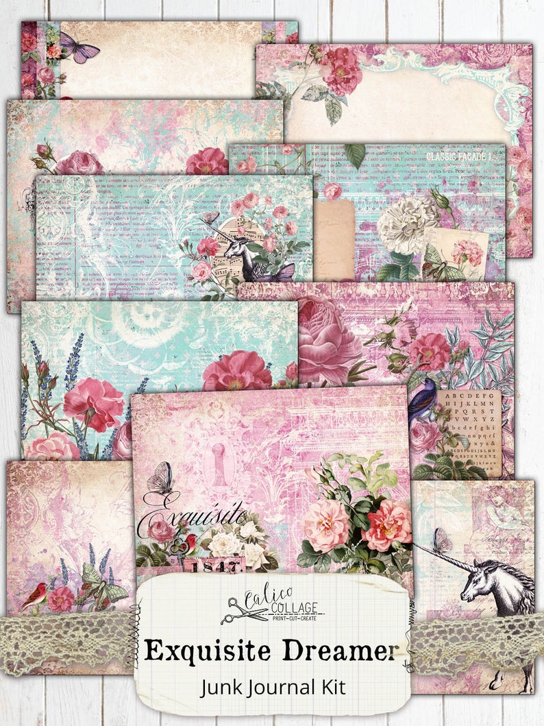 May include: A digital junk journal kit with a pink and blue color scheme. The kit features floral designs, a unicorn, a bird, and the text "Exquisite Dreamer".